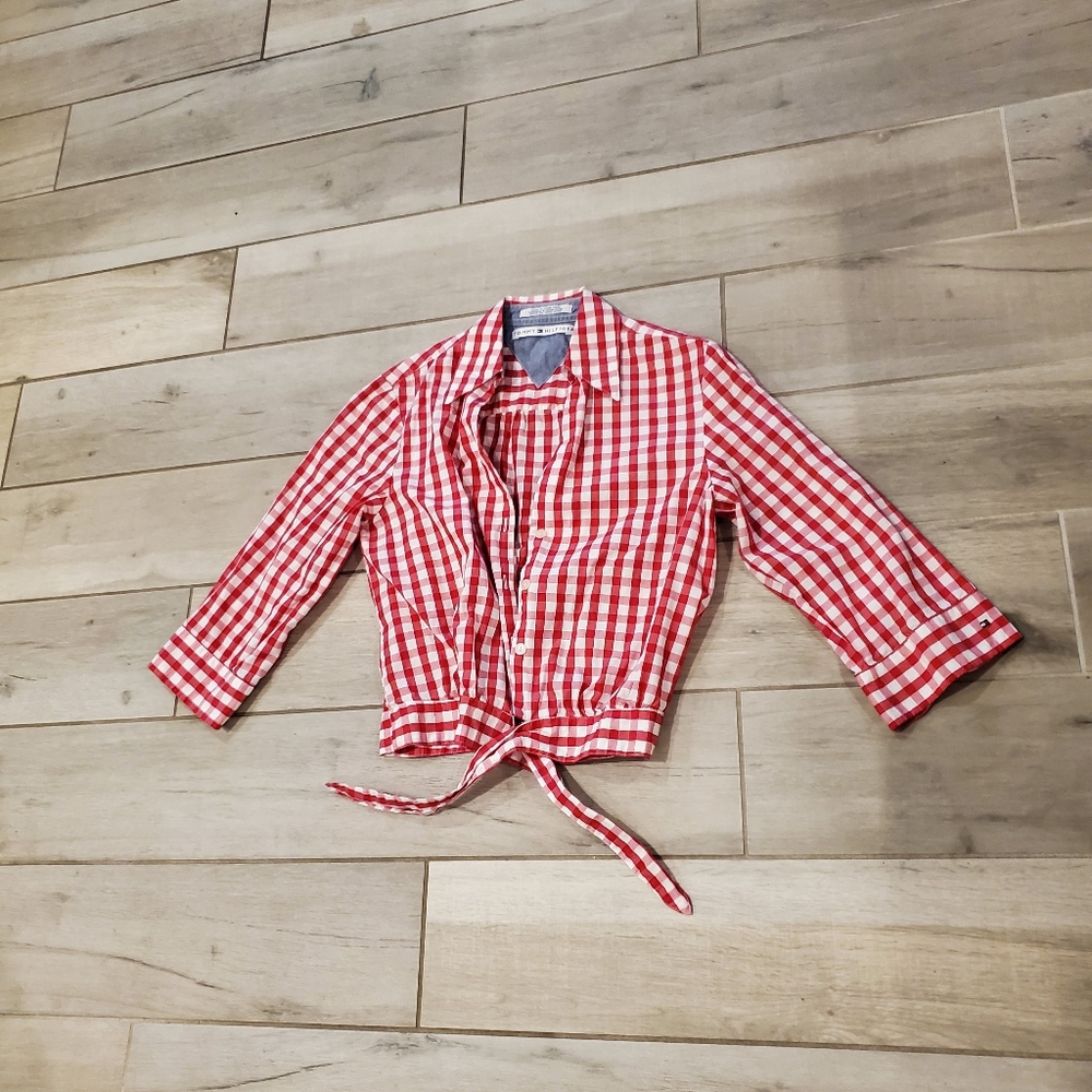 Vintage 90's Tommy Hilfiger red gingham 3/4 sleeve Retro Crop tie top